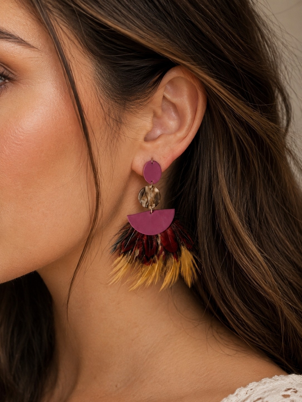 Boho Feather Drop Earrings Magenta New